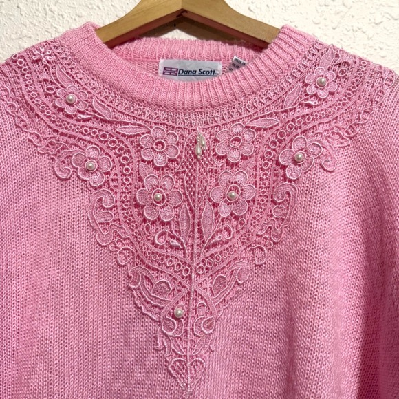 Dana Scott Pink Lace Pearl Embellished Knit vintage Sweater Women's M Barbiedoll - Picture 4 of 8